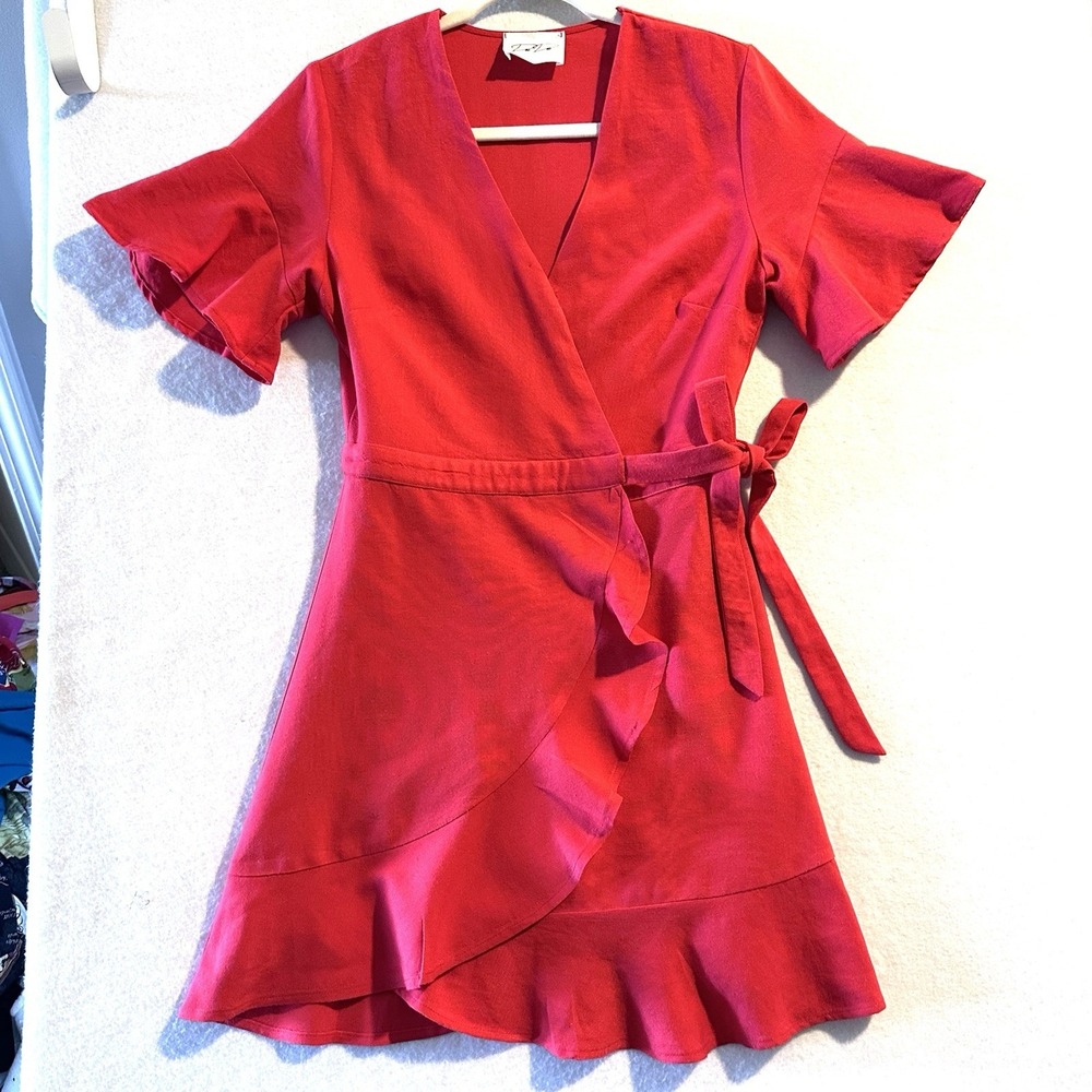 Dee Dee By Heirloom Small S Red Wrap‎ Dress Flutter Ruffle Cotton